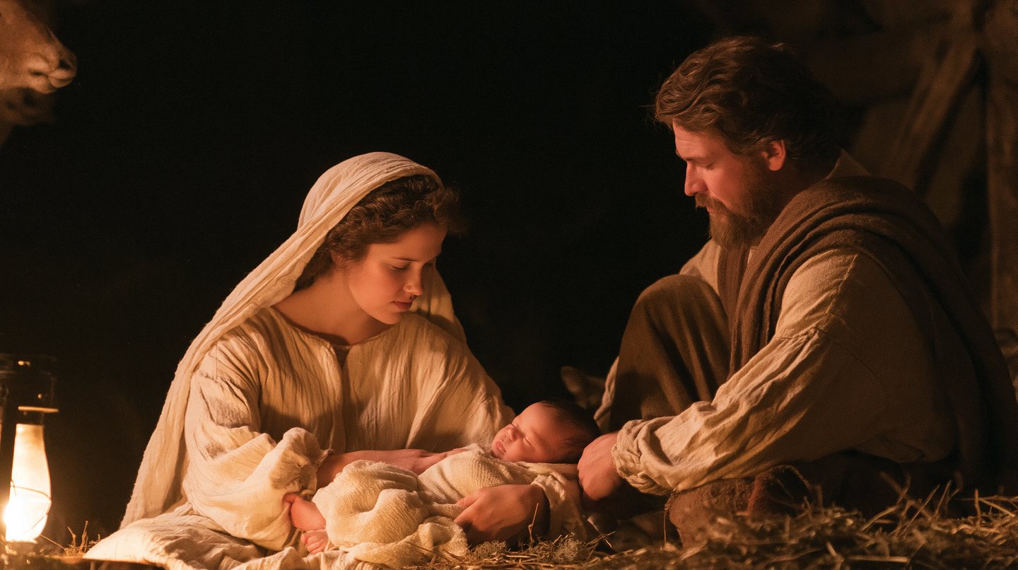 Mary and Joseph with the child at the manger, lantern light